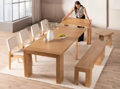 Transformer Extendable Dining Table, 4 Chairs & Bench In Scandinavian Oak