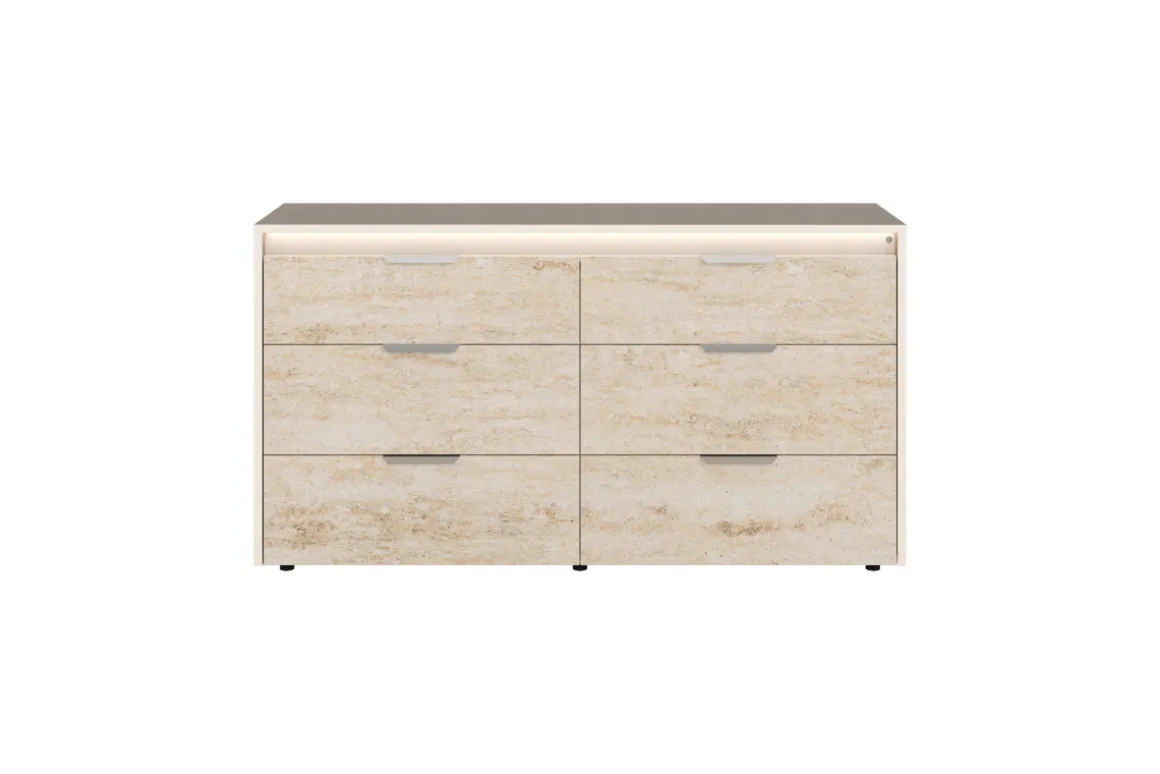 Tullia Upholstered Bed W/ Storage, Dresser, Mirror & Nightstand In Pearl Line/Eco Stone, Queen