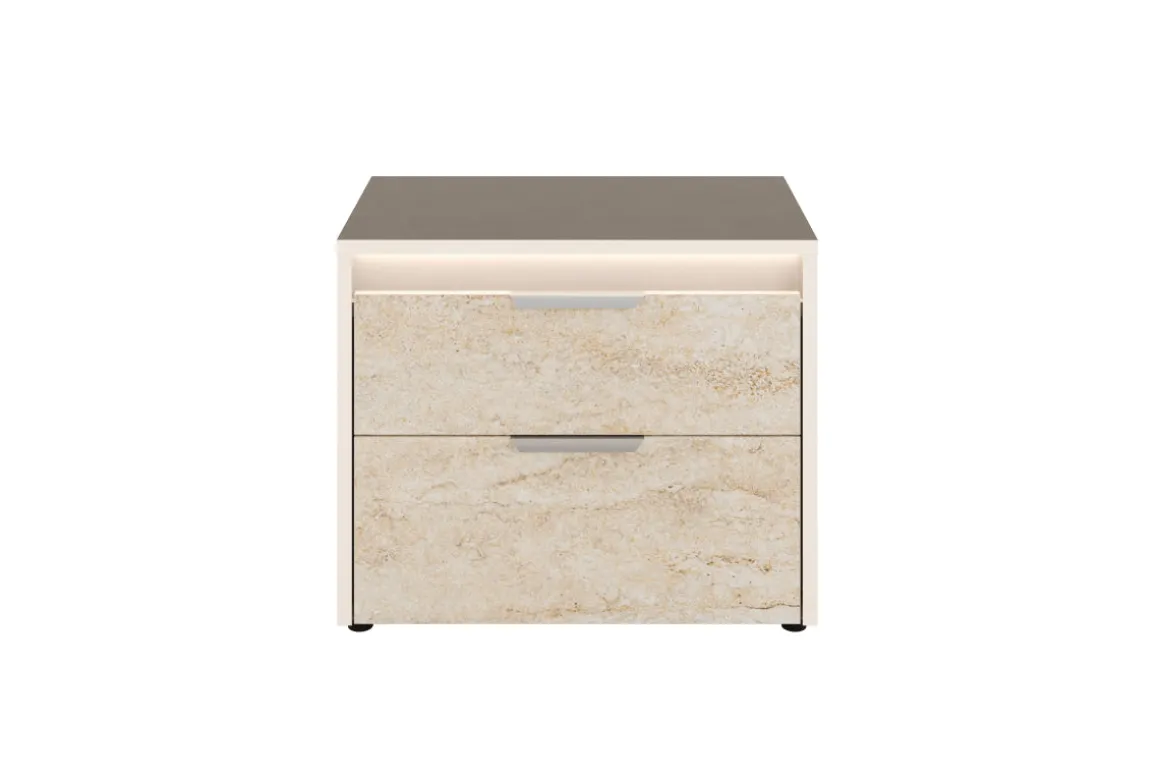 Tullia Upholstered Panel Bed, Dresser, Mirror & Nightstand In Pearl Line/Eco Stone, Queen