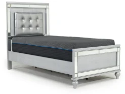 Valentino Panel Bed, Dresser, Mirror & Nightstand In Silver, Twin
