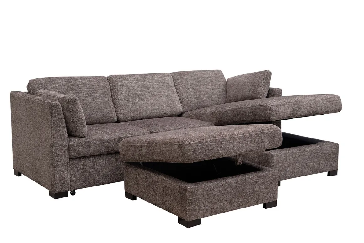 Vivian Full Pullout Sofa Chaise In Gray Fabric, Left Facing