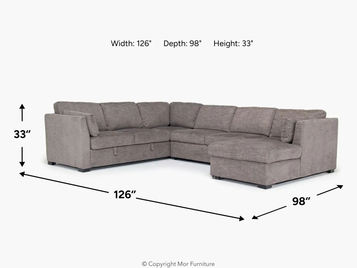 Vivian Full Pullout Tux Chaise Sectional W/ Storage In Gray, Left Facing
