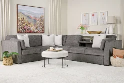 Vivian Queen Tux Sleeper Sectional W/ Drop Down Table In Handwoven Pewter, Right Facing