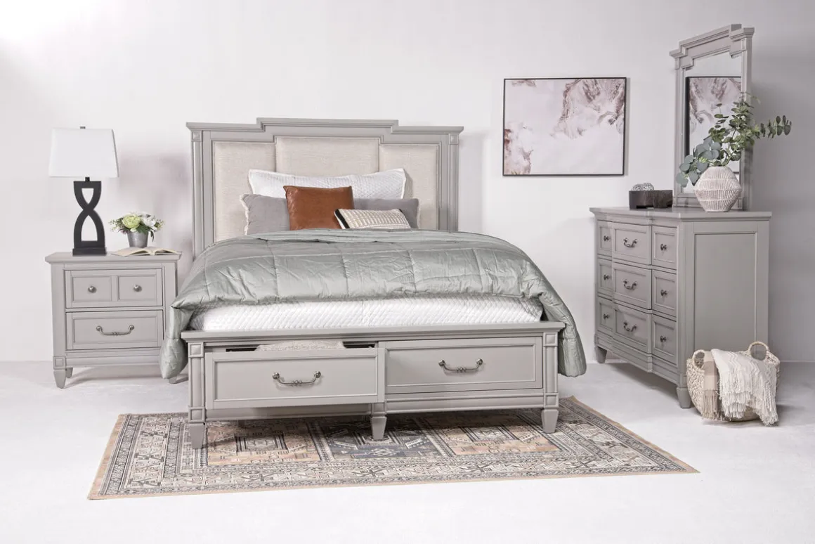 Willowbrook Upholstered Panel Bed, Dresser, Mirror & Nightstand In Pebble, Queen