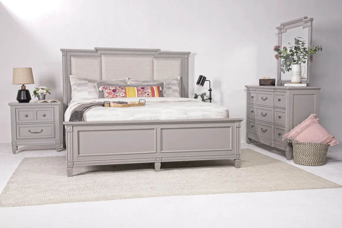 Willowbrook Upholstered Panel Bed, Dresser, Mirror & Nightstand In Pebble, Queen