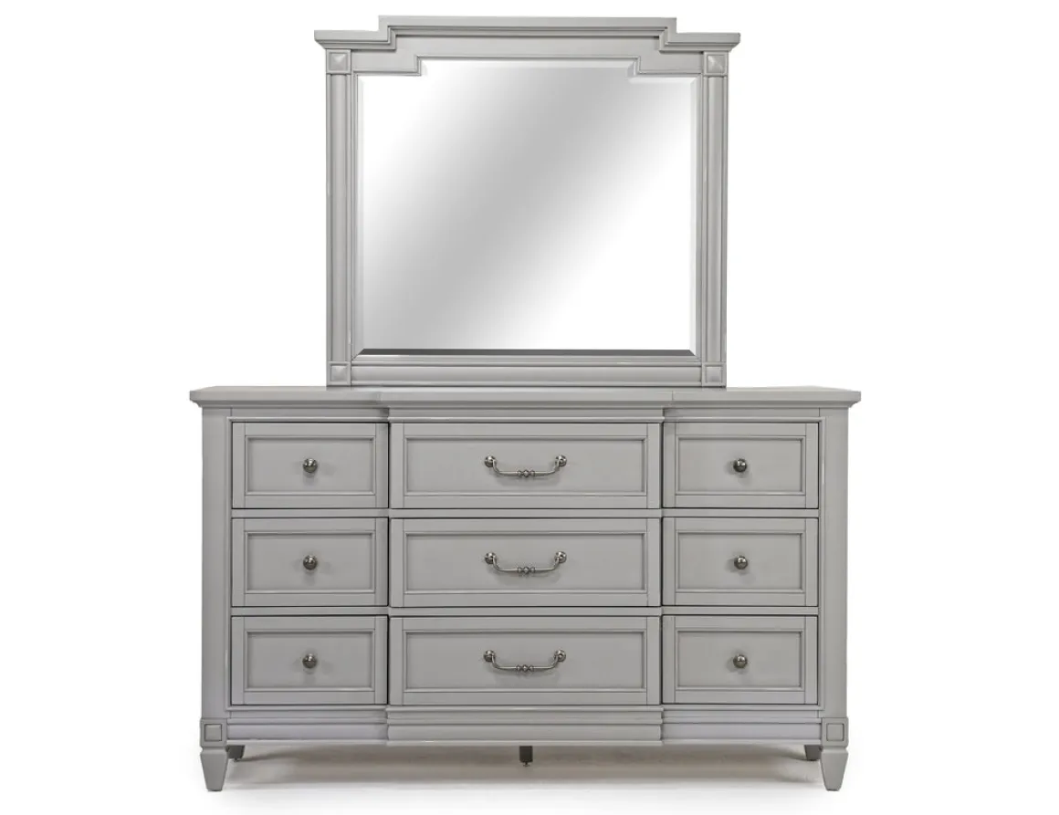 Willowbrook Upholstered Panel Bed, Dresser, Mirror & Nightstand In Pebble, Queen