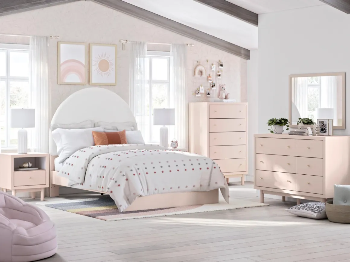 Wistenpine Panel Bed W/ Storage, Dresser, Mirror & Nightstand In Blush, Twin